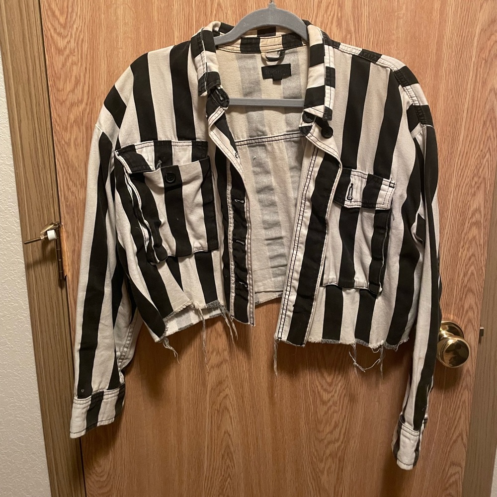 Topshop cropped black and white stripped denim style jacket